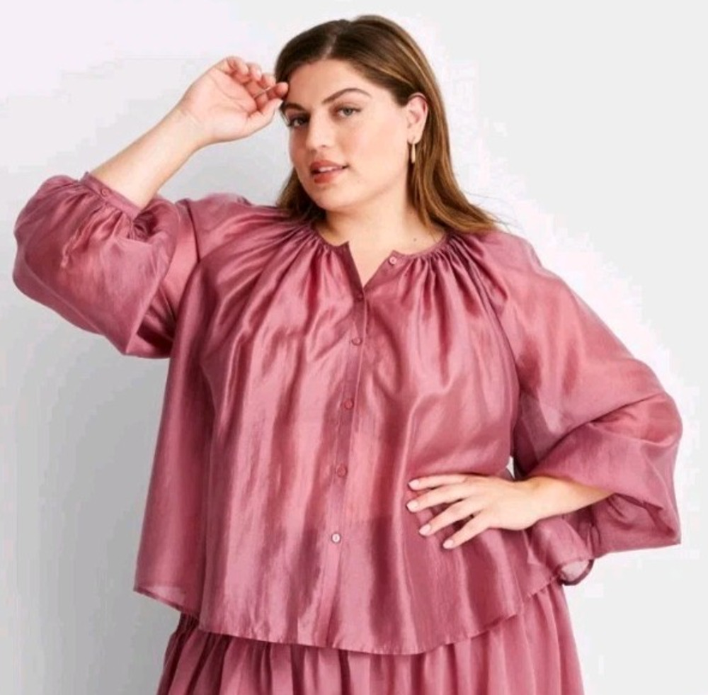 Womens Balloon Long Sleeve Blouse Red Berry 2X Flowy Boho Top Business Casual